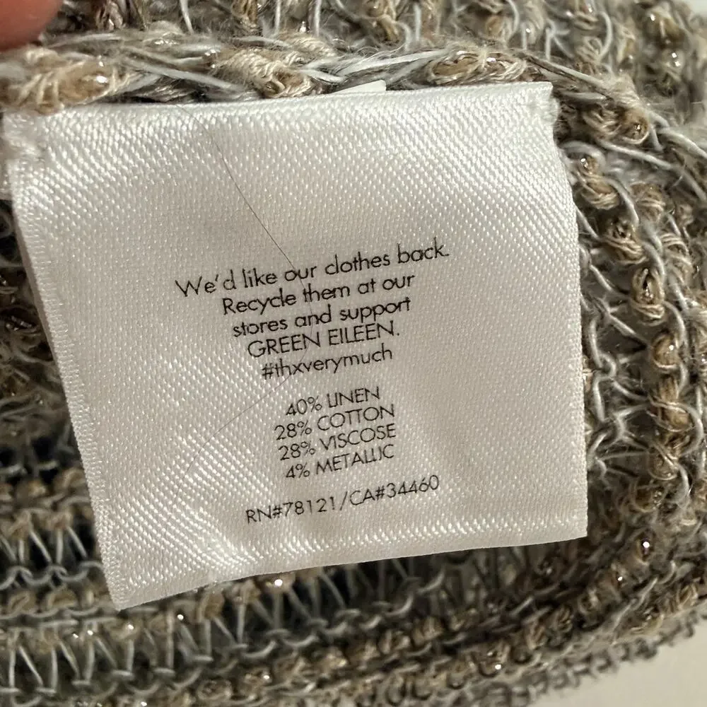Eileen Fisher L Womens V Neck Metallic Knit Sweater Natural Tan Linen Blend